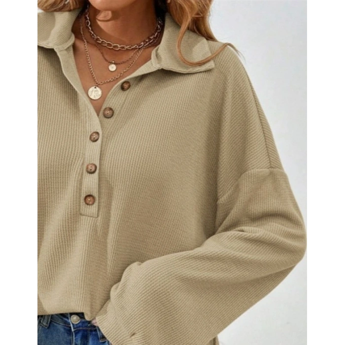 MDB Kadın Uzun Kollu Yakalı Düğmeli Salaş Waffle Bluz