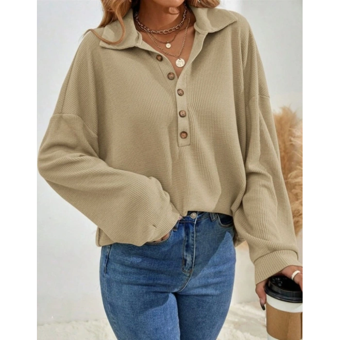 MDB Kadın Uzun Kollu Yakalı Düğmeli Salaş Waffle Bluz