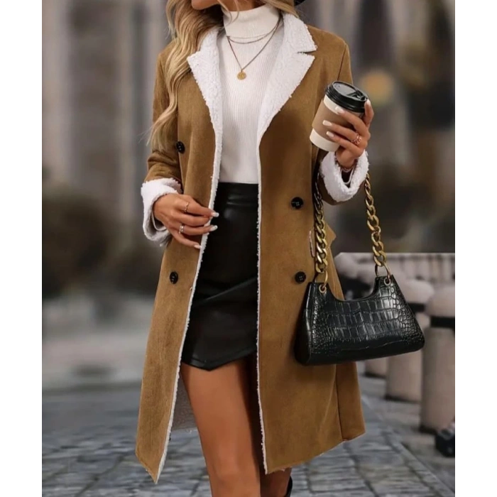MDB Kadın Uzun Kollu Yakalı Düğmeli Süet Mini Manto