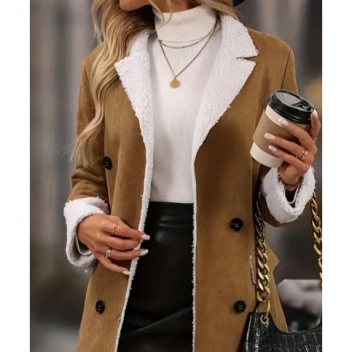 MDB Kadın Uzun Kollu Yakalı Düğmeli Süet Mini Manto