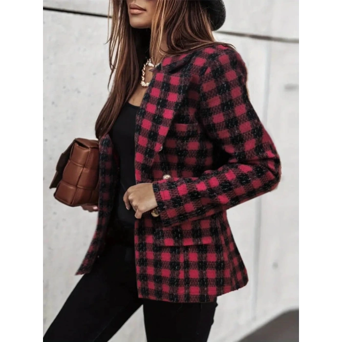 MDB Kadın Uzun Kollu Yakalı Kare Desenli Ekoseli Düğmeli Ceket