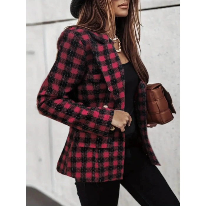 MDB Kadın Uzun Kollu Yakalı Kare Desenli Ekoseli Düğmeli Ceket