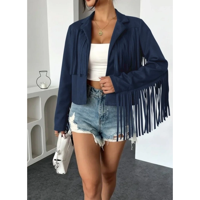 MDB Kadın Uzun Kollu Yakalı Kısa Püsküllü Süet Ceket