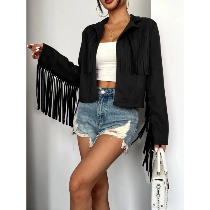 MDB Kadın Uzun Kollu Yakalı Kısa Püsküllü Süet Ceket