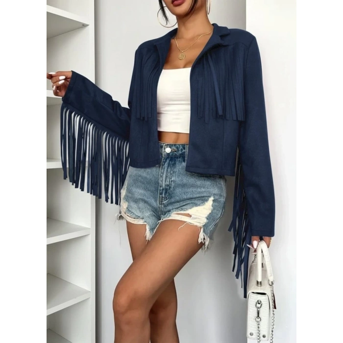 MDB Kadın Uzun Kollu Yakalı Kısa Püsküllü Süet Ceket