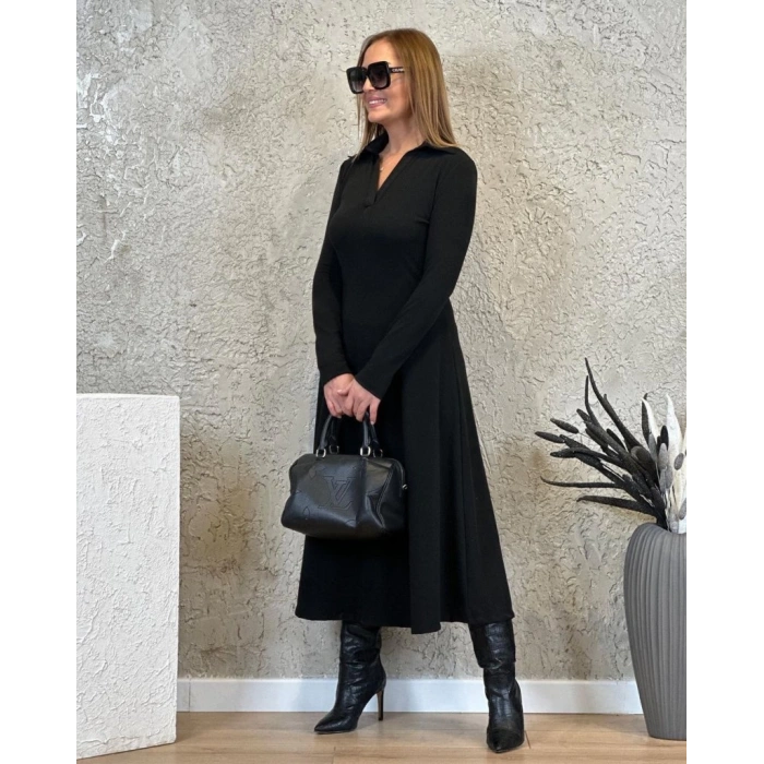 MDB Kadın Uzun Kollu Yakalı Midi Viskon Iki Iplik Elbise