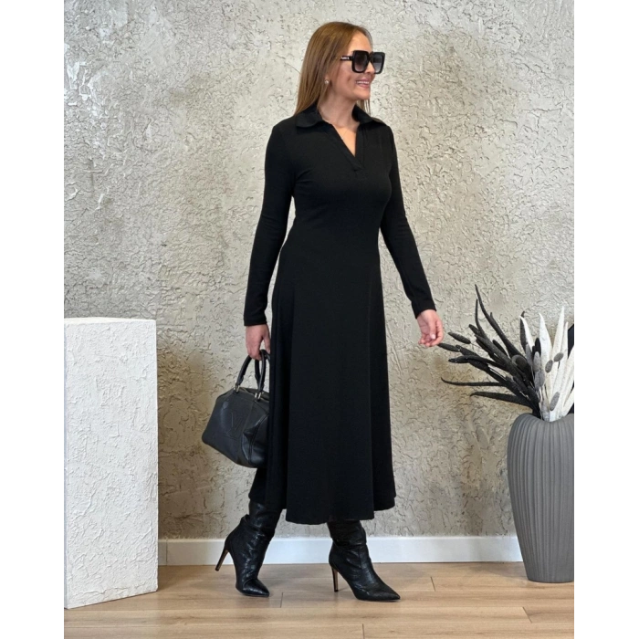 MDB Kadın Uzun Kollu Yakalı Midi Viskon Iki Iplik Elbise