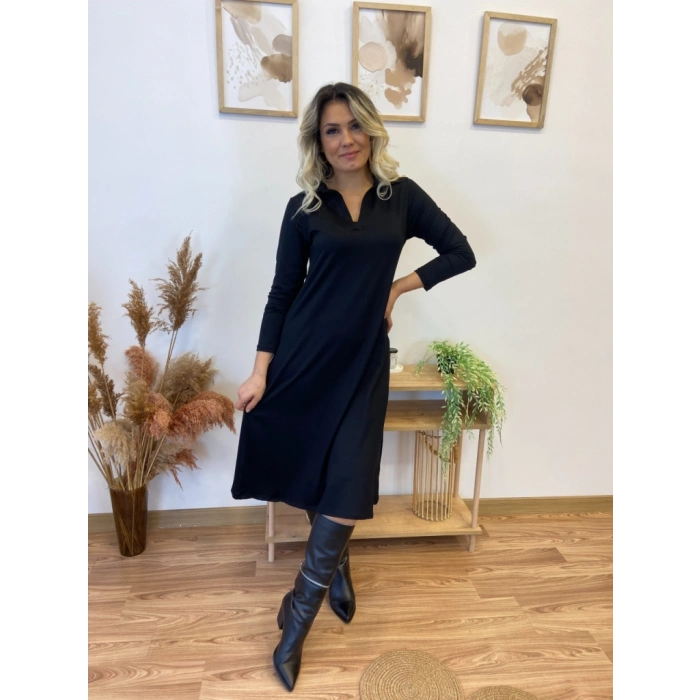 MDB Kadın Uzun Kollu Yakalı Midi Viskon Iki Iplik Elbise