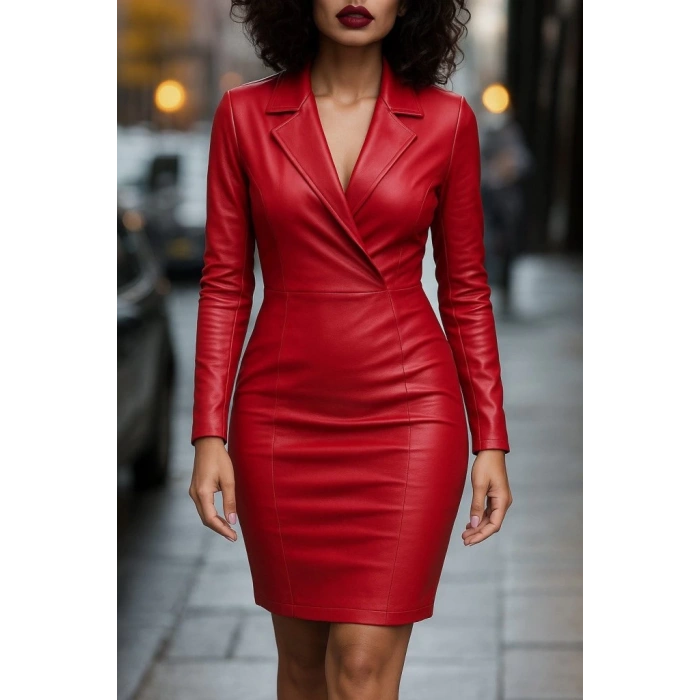 MDB Kadın Uzun Kollu Yakalı Mini Deri Elbise
