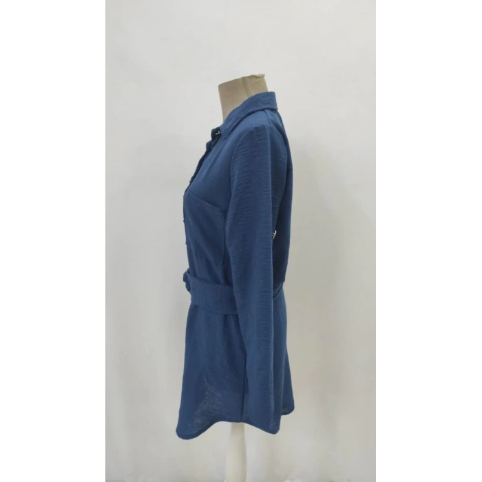 MDB Kadın Uzun Kollu Yakalı önden Düğmeli Beli Kuşaklı Mini Ithal Keten Elbise