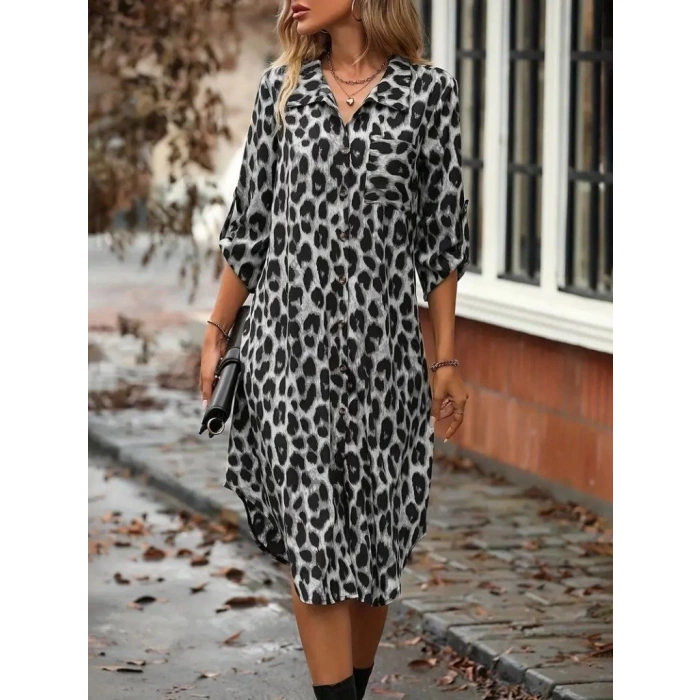 MDB Kadın Uzun Kollu Yakalı önden Düğmeli Leopar Desenli Modal Midi Elbise