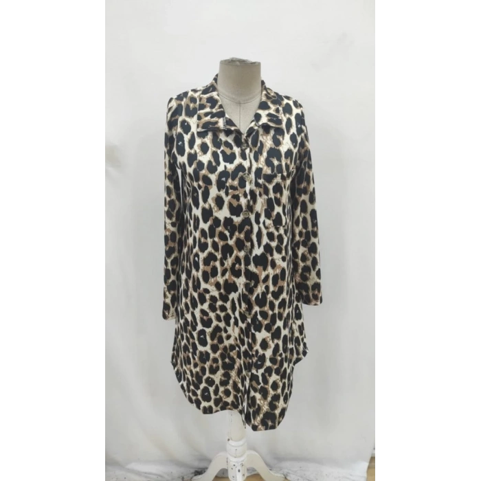 MDB Kadın Uzun Kollu Yakalı önden Düğmeli Leopar Desenli Modal Midi Elbise