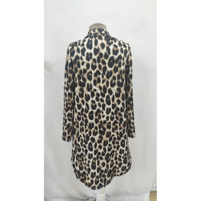 MDB Kadın Uzun Kollu Yakalı önden Düğmeli Leopar Desenli Modal Midi Elbise