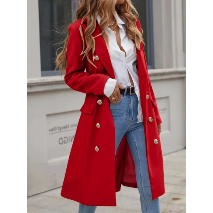 MDB Kadın Uzun Kollu Yakalı önden Düğmeli Midi Kaşe Kaban