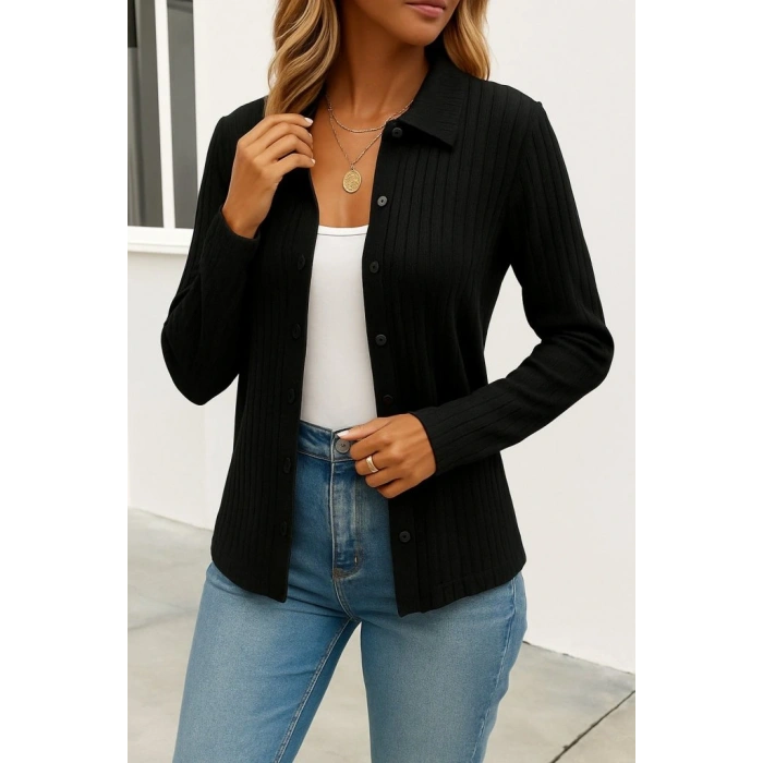 MDB Kadın Uzun Kollu Yakalı önden Düğmeli Triko Ceket