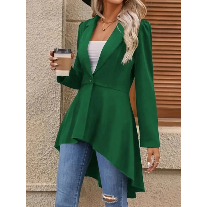 MDB Kadın Uzun Kollu Yakalı önden Düğmeli Uzun Atlas Blazer Ceket