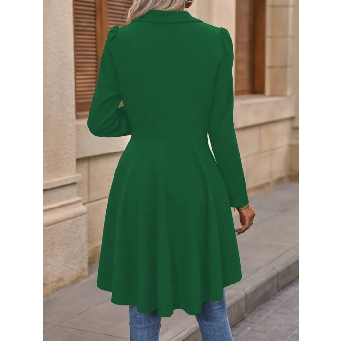 MDB Kadın Uzun Kollu Yakalı önden Düğmeli Uzun Atlas Blazer Ceket