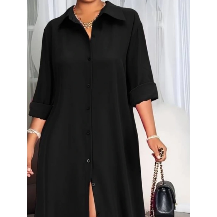 MDB Kadın Uzun Kollu Yakalı önden Düğmeli Uzun Dokuma Elbise