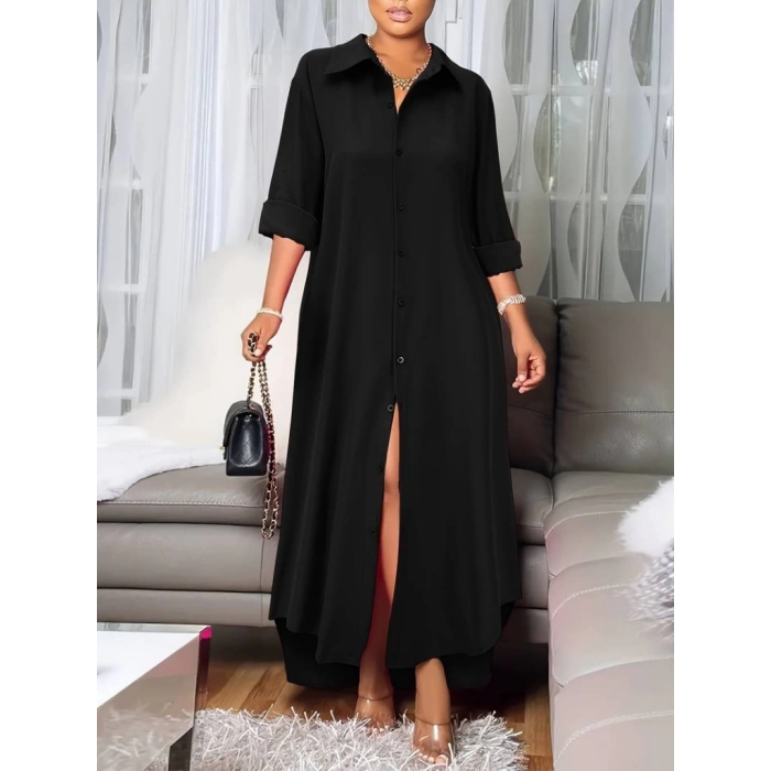 MDB Kadın Uzun Kollu Yakalı önden Düğmeli Uzun Dokuma Elbise