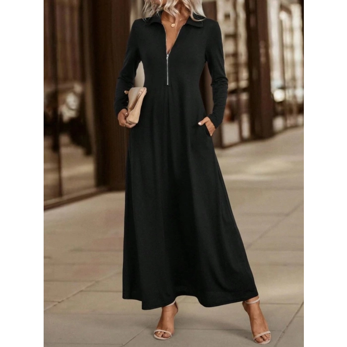 MDB Kadın Uzun Kollu Yakalı önden Fermuarlı Uzun Viskon Iki Iplik Elbise