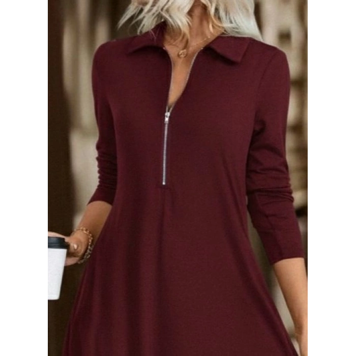 MDB Kadın Uzun Kollu Yakalı önden Fermuarlı Uzun Viskon Iki Iplik Elbise