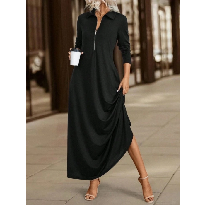 MDB Kadın Uzun Kollu Yakalı önden Fermuarlı Uzun Viskon Iki Iplik Elbise