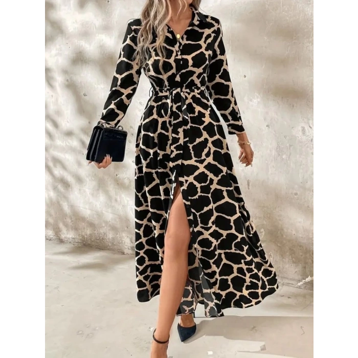 MDB Kadın Uzun Kollu Yakalı önü Düğmeli Desenli Belden Kuşaklı Uzun Süprem Elbise