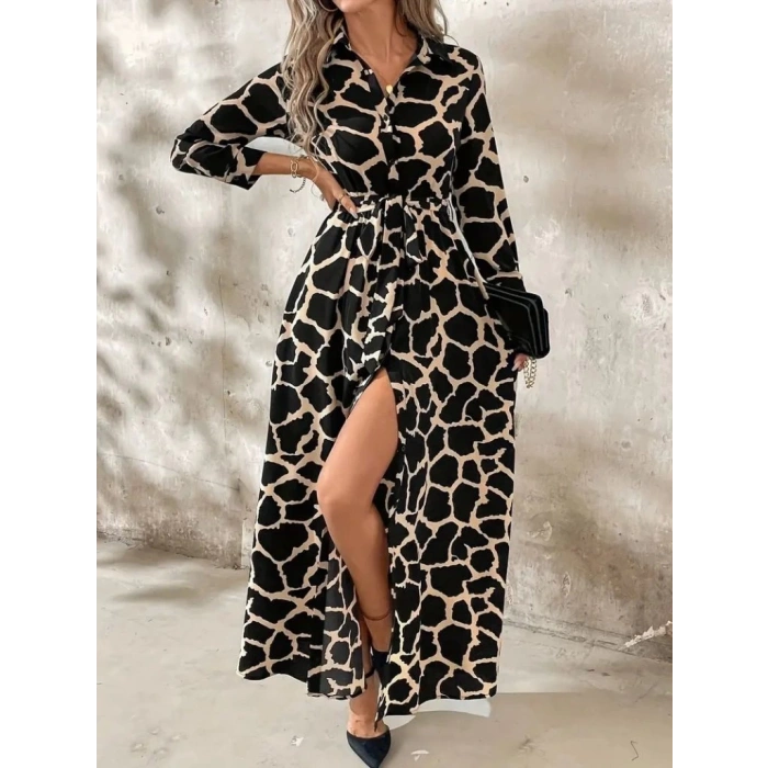 MDB Kadın Uzun Kollu Yakalı önü Düğmeli Desenli Belden Kuşaklı Uzun Süprem Elbise