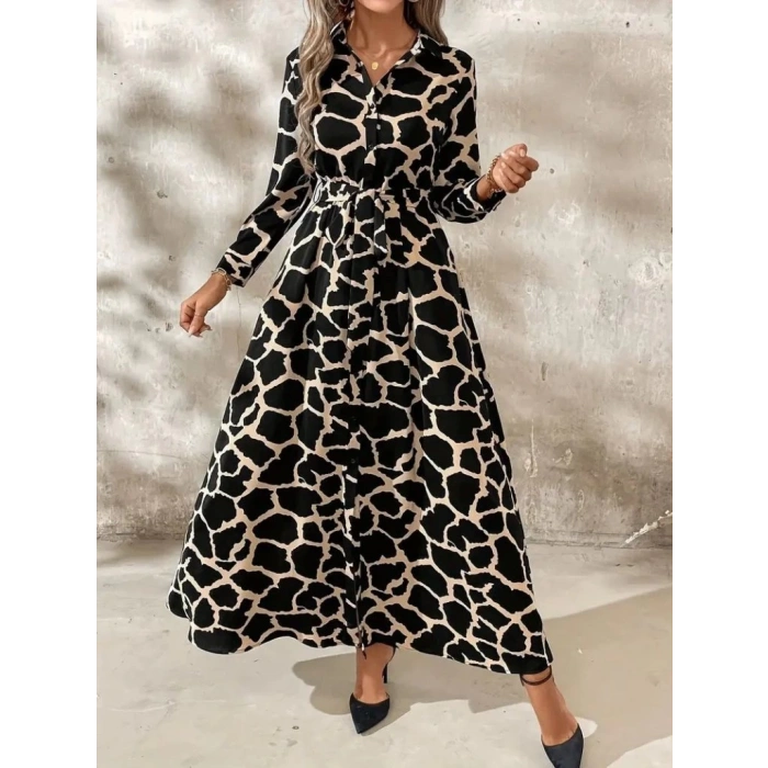 MDB Kadın Uzun Kollu Yakalı önü Düğmeli Desenli Belden Kuşaklı Uzun Süprem Elbise