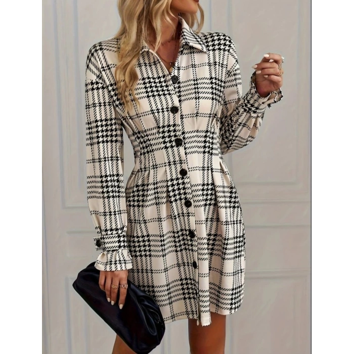 MDB Kadın Uzun Kollu Yakalı önü Düğmeli Mini Modal Elbise