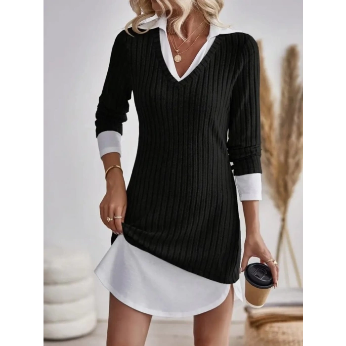 MDB Kadın Uzun Kollu Yakalı şardonlu Kaşkorse Dokuma Detaylı Elbise