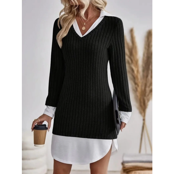 MDB Kadın Uzun Kollu Yakalı şardonlu Kaşkorse Dokuma Detaylı Elbise