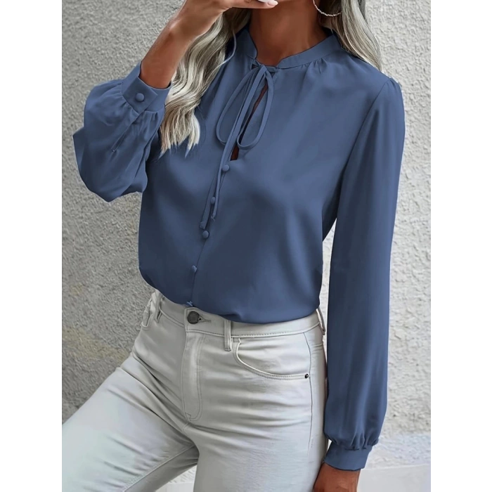 MDB Kadın Uzun Kollu Yakalı Yakadan Bağcıklı Düğmeli Sandy Bluz