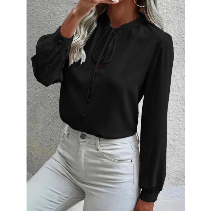 MDB Kadın Uzun Kollu Yakalı Yakadan Bağcıklı Düğmeli Sandy Bluz