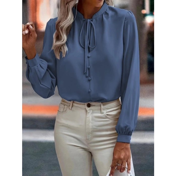 MDB Kadın Uzun Kollu Yakalı Yakadan Bağcıklı Düğmeli Sandy Bluz