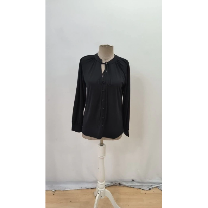 MDB Kadın Uzun Kollu Yakalı Yakadan Bağcıklı Düğmeli Sandy Bluz