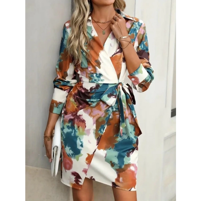 MDB Kadın Uzun Kollu Yakalı Yandan Bağlamalı Mini Desenli Modal Elbise