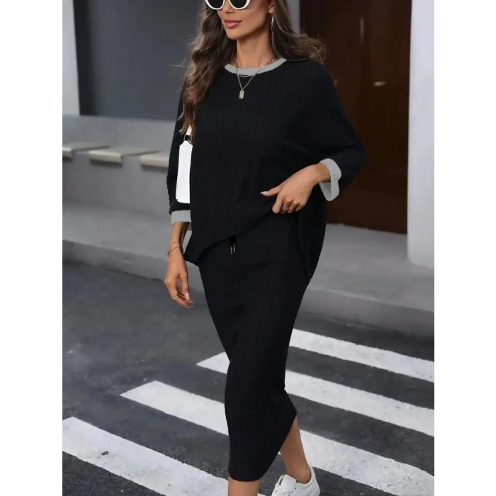 MDB Kadın Uzun Kollu Yakası Açık şardonlu Kaşkorse Bluz Ve Eteği Bağcıklı Ikili Takım