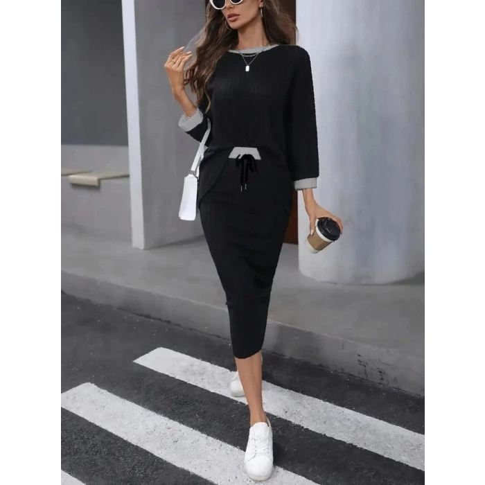 MDB Kadın Uzun Kollu Yakası Açık şardonlu Kaşkorse Bluz Ve Eteği Bağcıklı Ikili Takım