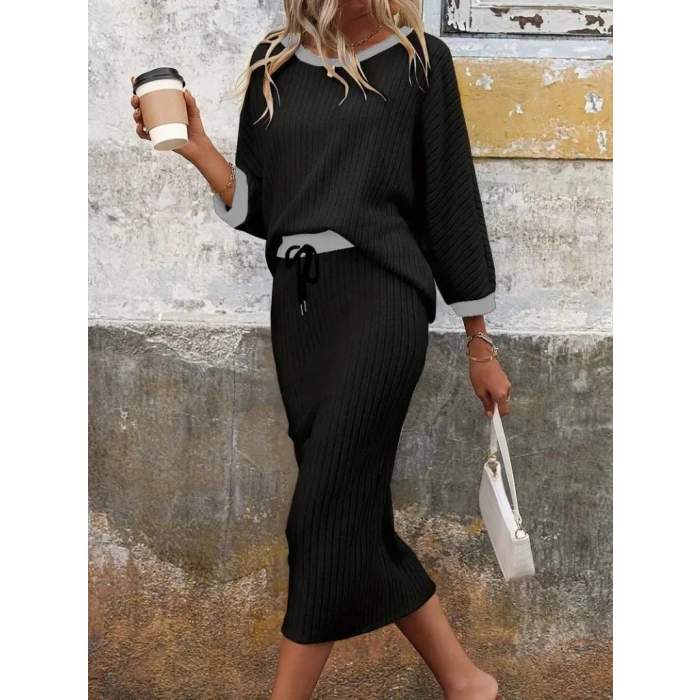 MDB Kadın Uzun Kollu Yakası Açık şardonlu Kaşkorse Bluz Ve Eteği Bağcıklı Ikili Takım