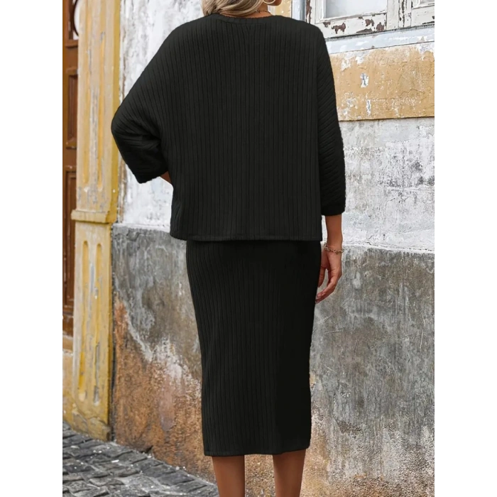 MDB Kadın Uzun Kollu Yakası Açık Yarasa Kollu şardonlu Kaşkorse Bluz Ve Etek Takım