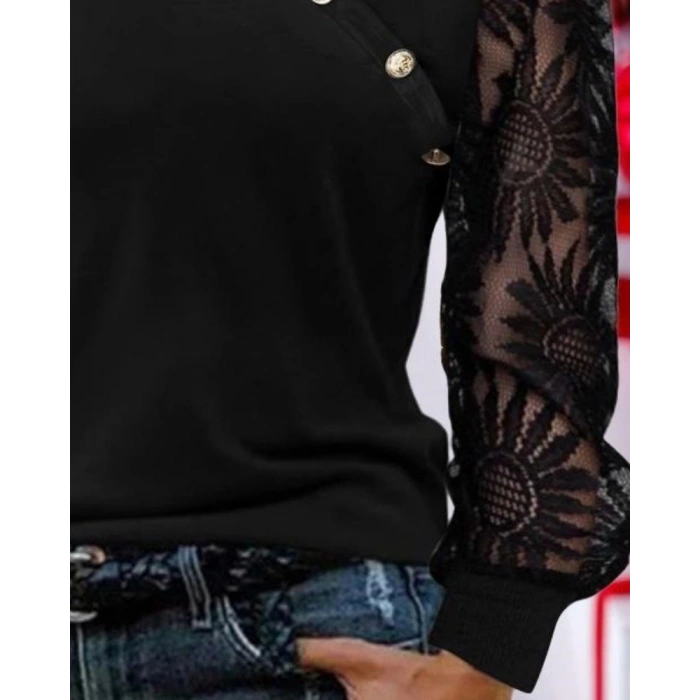 MDB Kadın Uzun Kollu Yakası Asimetrik Detaylı Düğmeli Viskon Iki Iplik Bluz