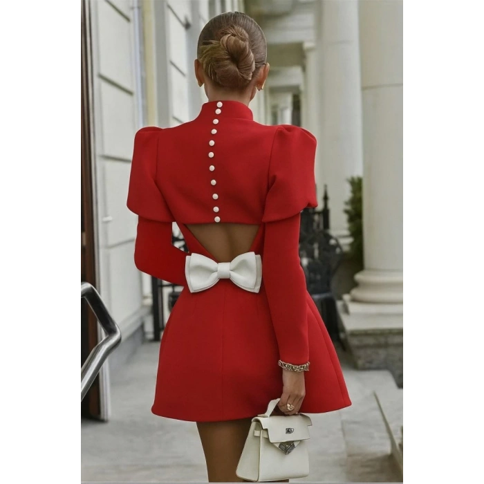 MDB Kadın Uzun Kollu Yarı Balıkçı Yaka Arkadan Kurdela Detaylı Mini Atlas Elbise