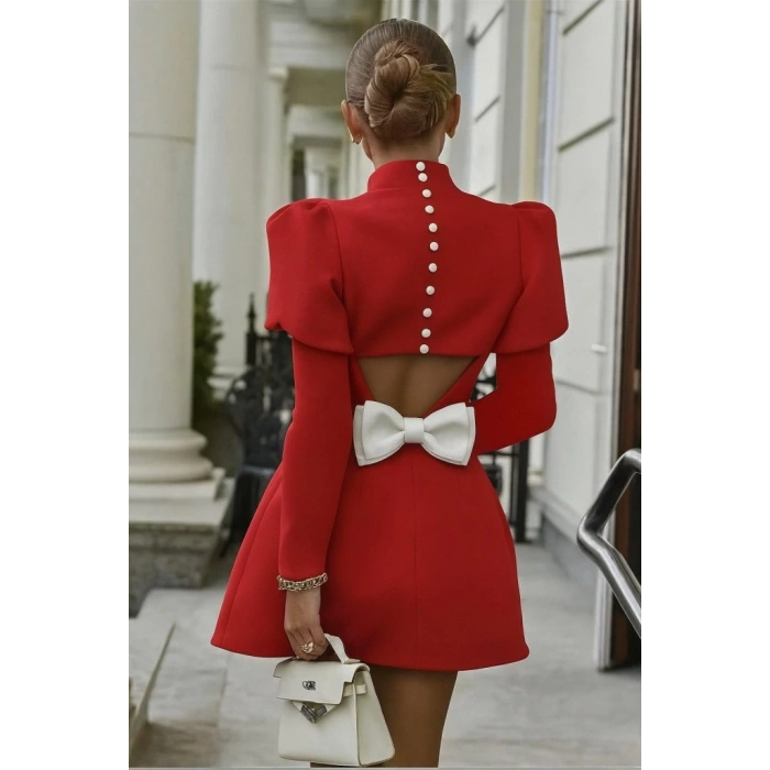 MDB Kadın Uzun Kollu Yarı Balıkçı Yaka Arkadan Kurdela Detaylı Mini Atlas Elbise