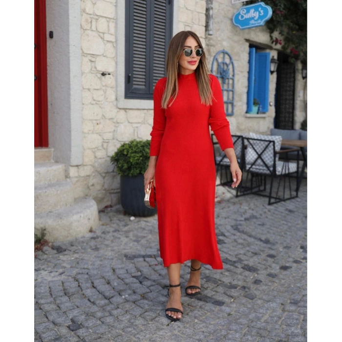 MDB Kadın Uzun Kollu Yarı Balıkçı Yaka Arkadan Pencere Detaylı Bağcıklı Midi Triko Elbise