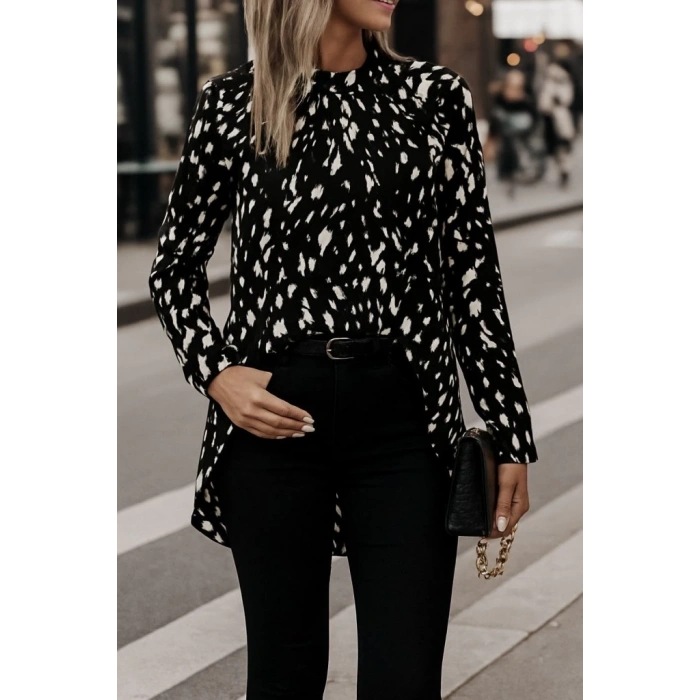 MDB Kadın Uzun Kollu Yarı Balıkçı Yaka Desenli Dokuma Bluz
