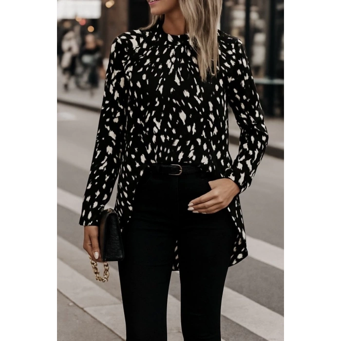 MDB Kadın Uzun Kollu Yarı Balıkçı Yaka Desenli Dokuma Bluz