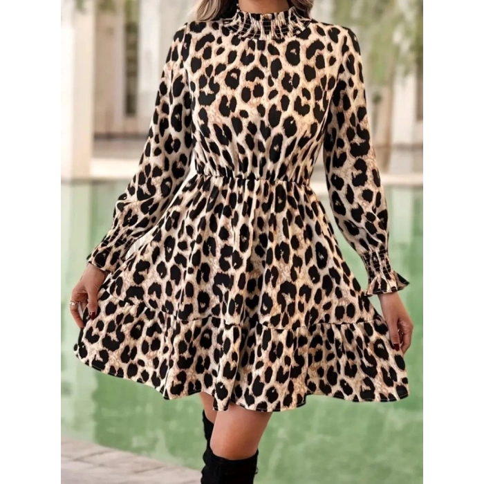 MDB Kadın Uzun Kollu Yarı Balıkçı Yaka Leopar Desenli Modal Mini Elbise