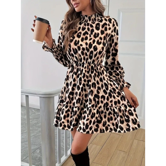 MDB Kadın Uzun Kollu Yarı Balıkçı Yaka Leopar Desenli Modal Mini Elbise