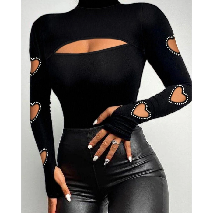 MDB Kadın Uzun Kollu Yarı Balıkçı Yaka Pencere Detaylı Kolları Kalp Desen Taşlı Viskon Bluz